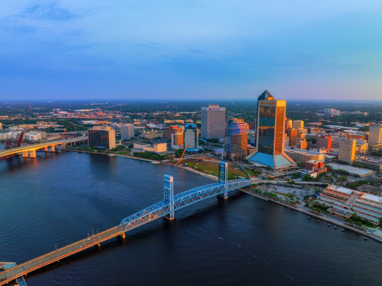 Aerial view of Jacksonville skyline view at sunrise