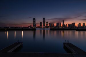 Jersey City skyline at dusk with long exposure