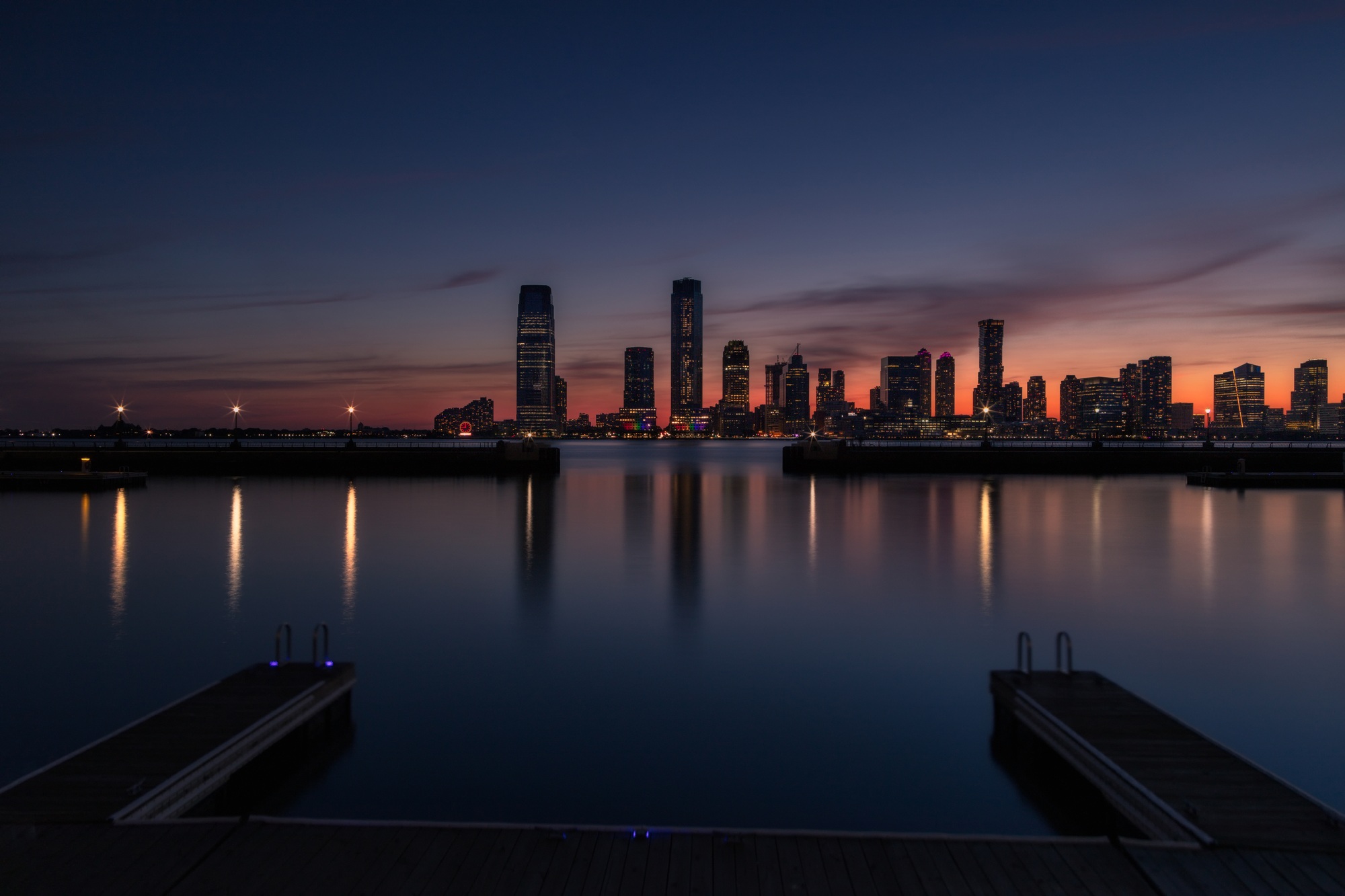 Jersey City skyline at dusk with long exposure