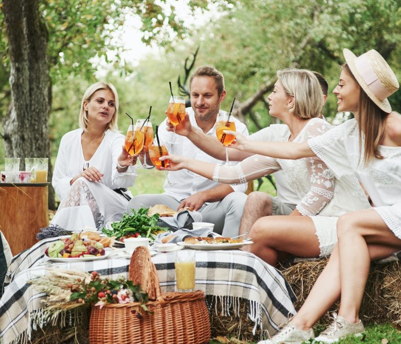 Friends drinks brand new fresh cocktails when sit on the field with trees