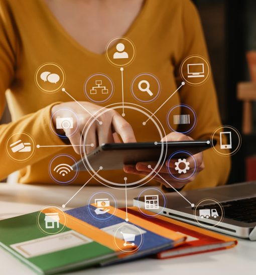 Social media and Marketing virtual icons screen tablet.